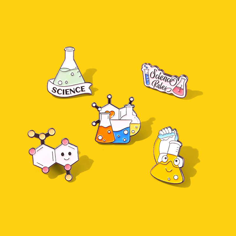 Science Enamel Pins Set Cartoon Chemistry Lab Apparatus Brooches For Students Teachers Alloy Beaker Flask Test Tube Molecular Badges For Backpack Clothing Accessories