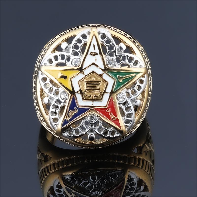Masonic Order Of The Eastern Star Ring Gold Plated 316L Stainless Steel With Five Color Enamel Zirconia Hollow Engraved Vintage Religious Souvenir Jewelry