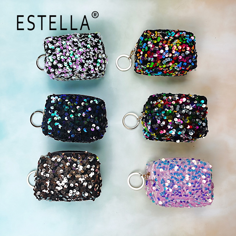 Mini Sequin Coin Purse With Keychain Sparkly Square Zipper Pouch For Coins Lipstick Earphones Storage Bag Shiny Glitter Wallet For Women Girls