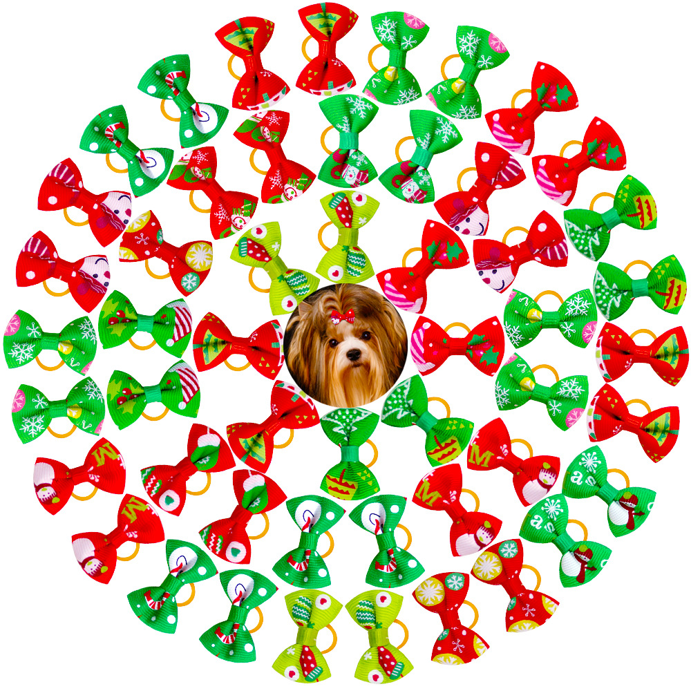 Christmas Pet Hair Bows Polyester Ribbon With Rubber Bands Dog Cat Grooming Accessories Santa Snowflake Patterns For Xmas Party Decoration Random Mixed Styles