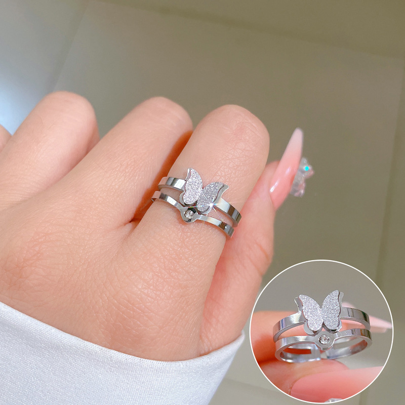 Butterfly Double Layer Open Ring Titanium Steel Frosted Butterfly With Zircon Minimalist Jewelry For Women Men