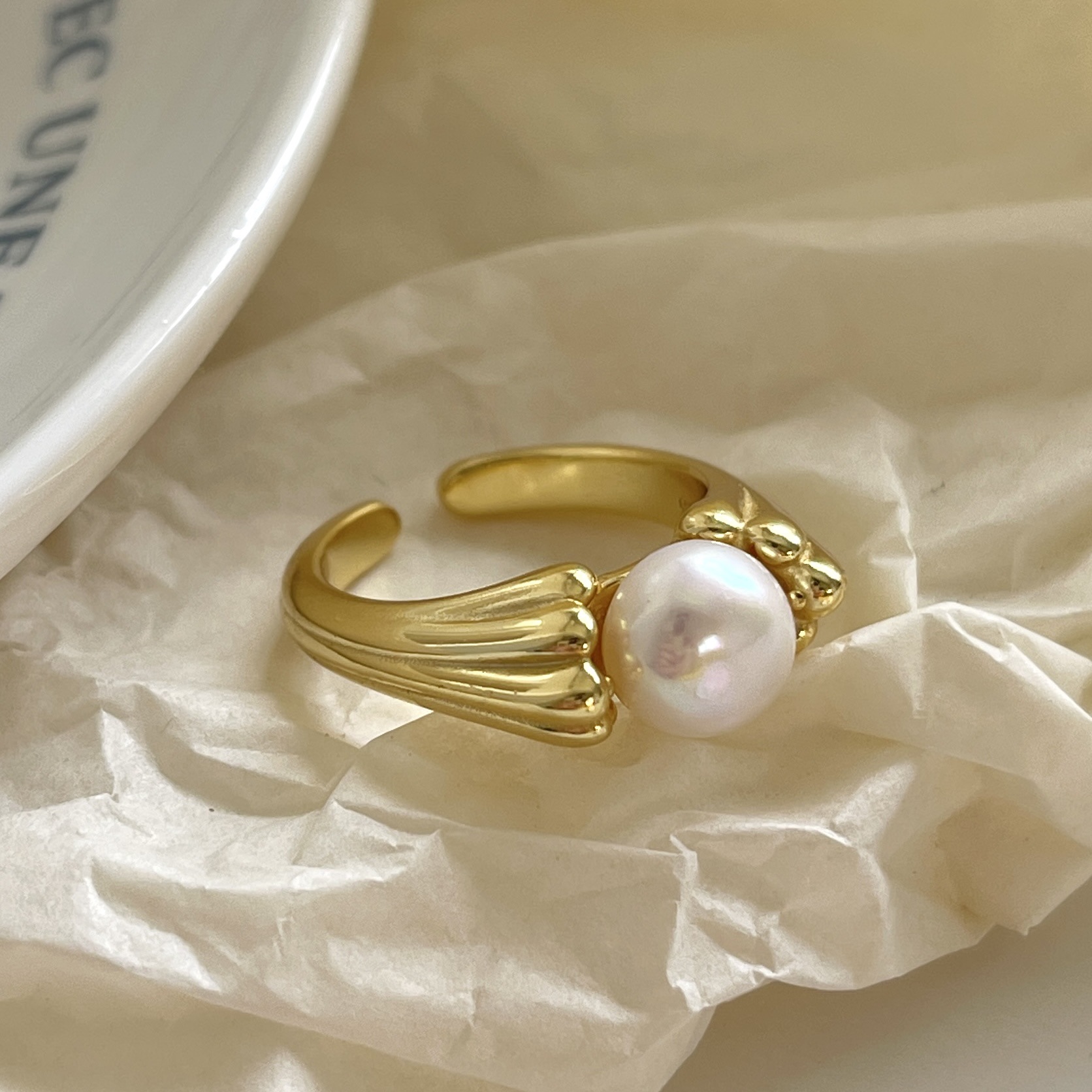 925 Sterling Silver Freshwater Pearl Ring Adjustable Open Vintage Elegant Minimalist Finger Jewelry