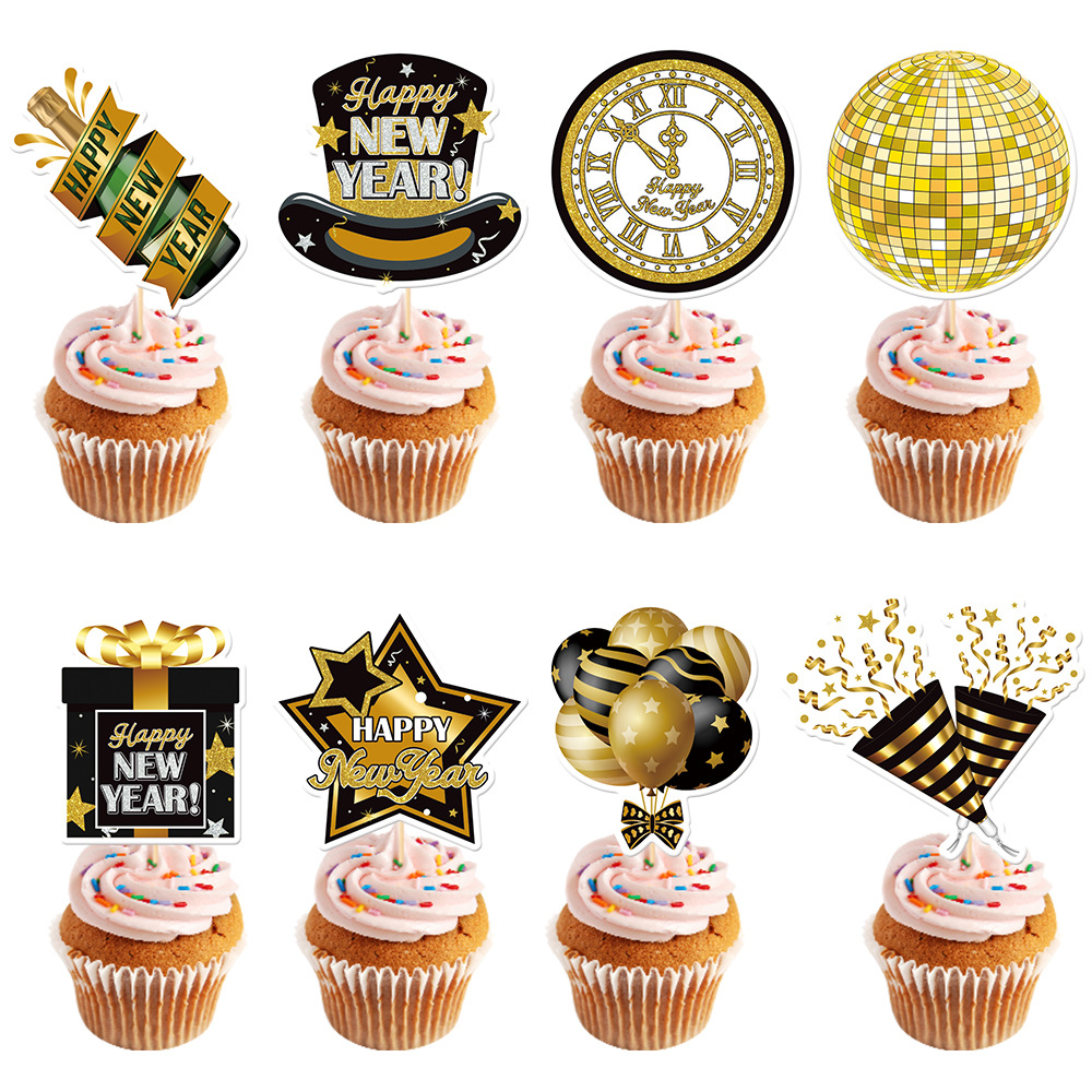 8pcs 2026 Happy New Year Cake Toppers Glitter Black Gold Paper Cake Picks For New Year Eve Party Decorations Holiday Cupcake Decorations