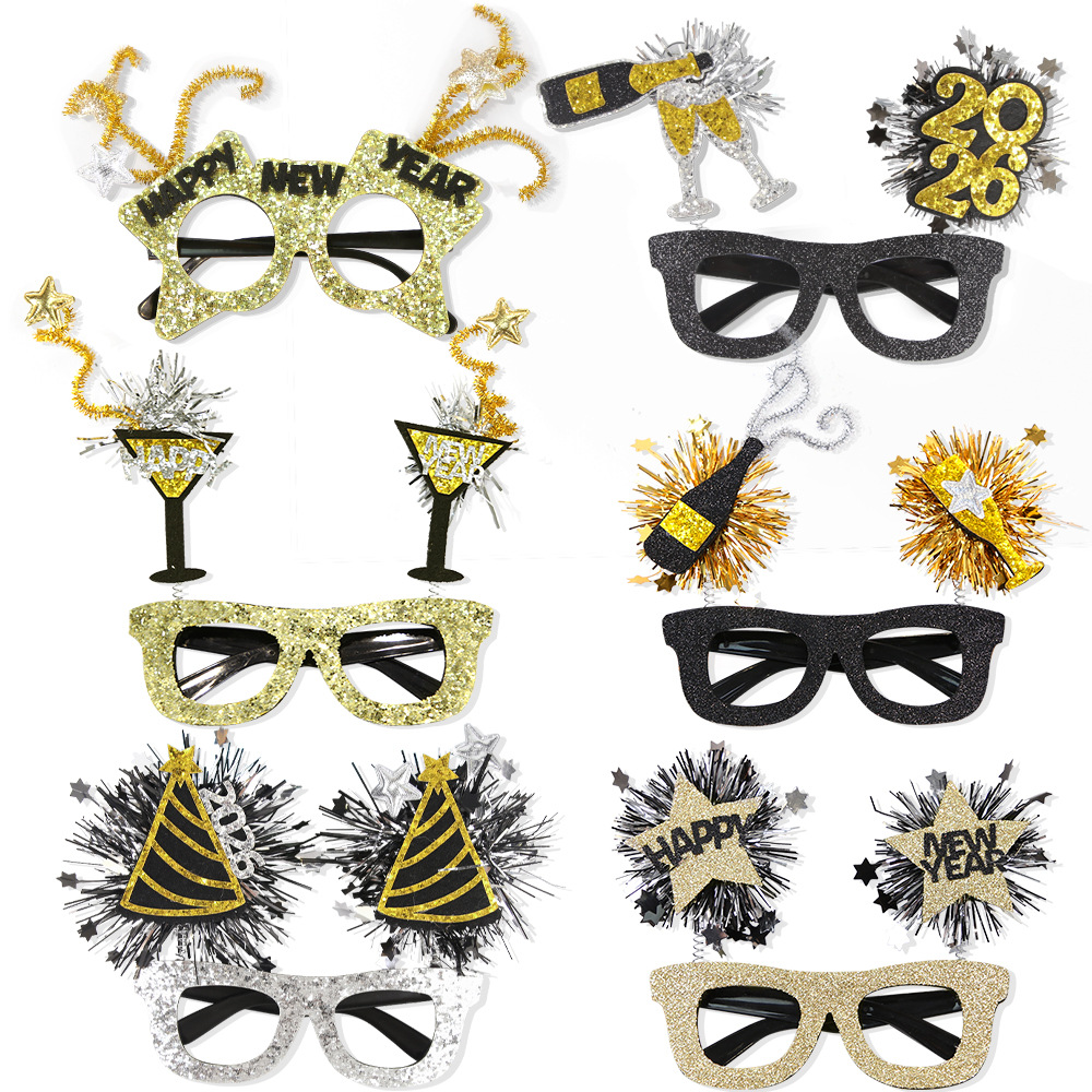 2026 Happy New Year Party Glasses Glitter Plastic Felt Material Star Champagne Bottle Decorative Eyewear For New Year Eve Countdown Party Celebration