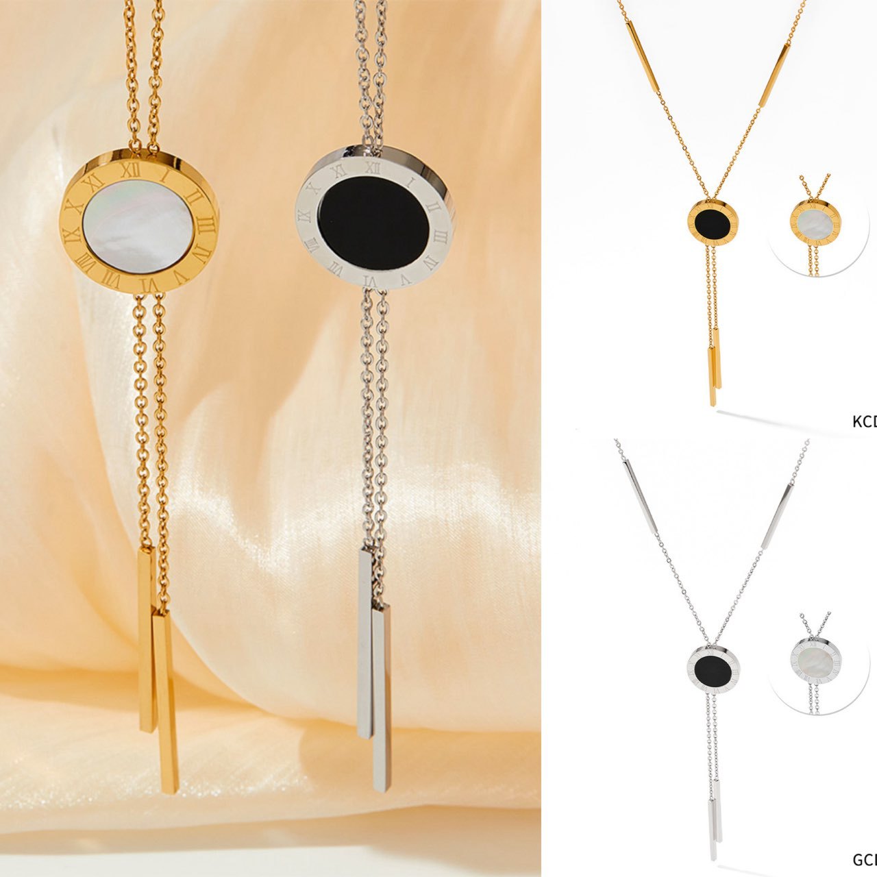 Stainless Steel Roman Numeral Round Pendant Necklace With Shell Agate Tassel Gold Silver Plated Double Layer Jewelry For Women Daily Party Wear