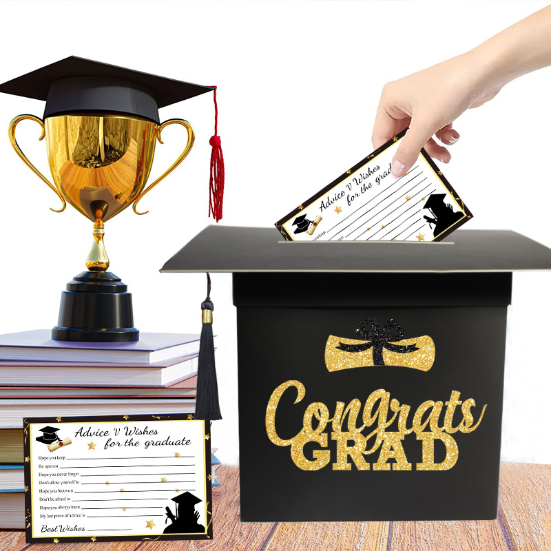 Mortarboard Shaped Graduation Card Box With Tassel Glitter Congrats GRAD Class of 2024 2026 Paper Advice Box For Graduation Party Decoration Advice Wishes Money Holder