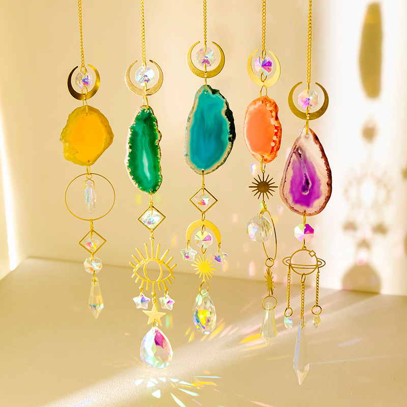 Natural Agate Slice Crystal Suncatcher Hanging Prism Ball Rainbow Maker Celestial Sun Moon Star Eye Gold Metal Chain Ornament for Window Home Decor Gift