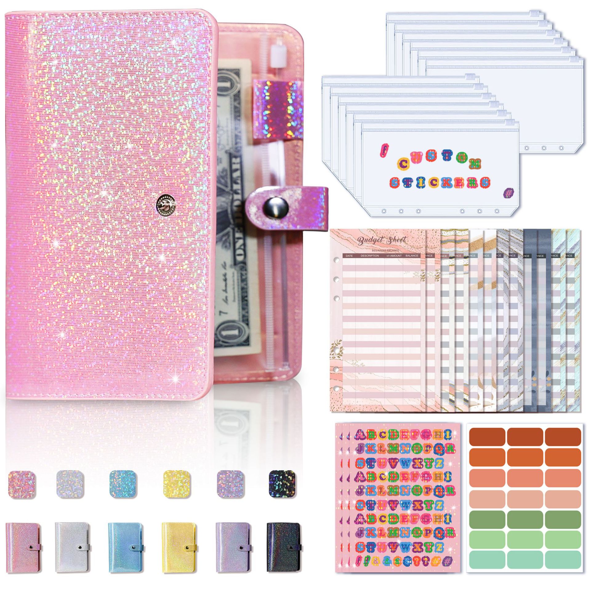 A6 Budget Binder Cash Envelope System With 12 Zipper Envelopes Money Organizer PU Leather Glitter Notebook Budgeting Planner Set For Saving Money Women Students Office