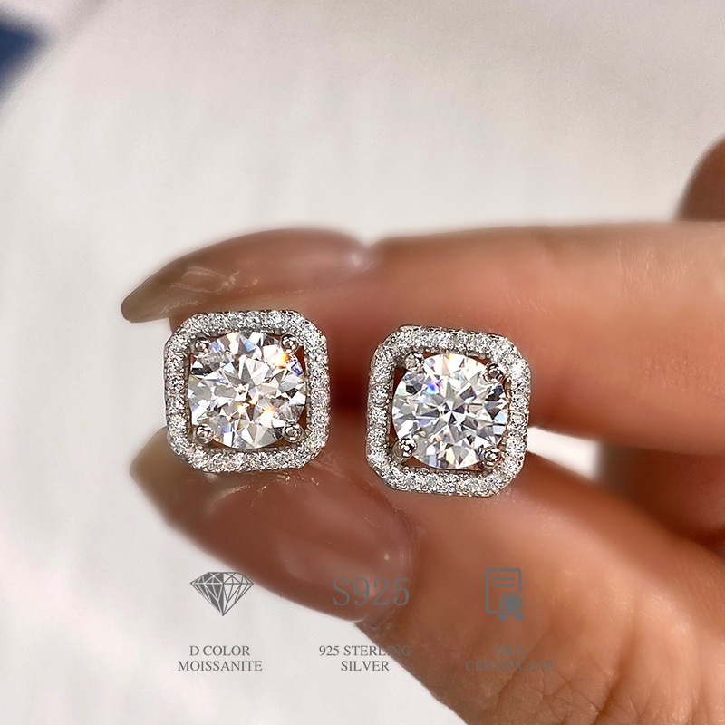 Luxury D Color Moissanite Stud Earrings S925 Sterling Silver Square Halo Earrings With GRA Certificate For Women Wedding Party Jewelry Accessories