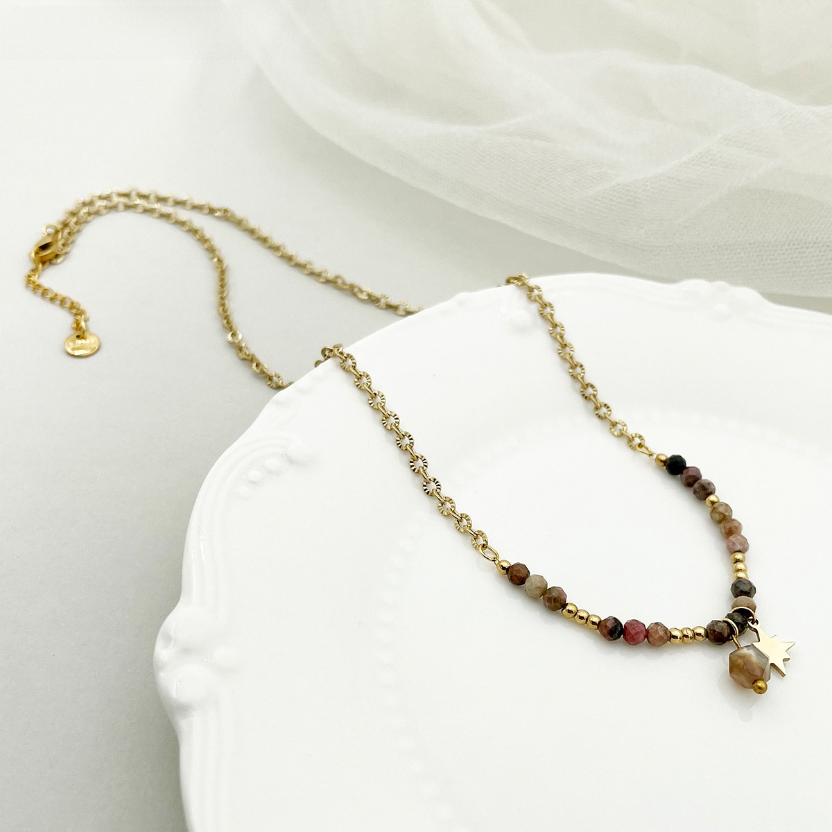 Retro Natural Stone Beaded Necklace Stainless Steel Star Pendant Bohemian Jewelry For Women