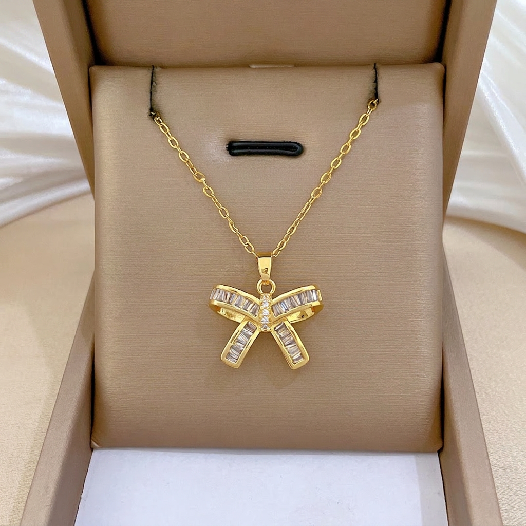 Bowtie Pendant Necklace Gold Plated Stainless Steel Chain Copper Zircon Rhinestone Inlaid Elegant Clavicle Chain Jewelry For Women