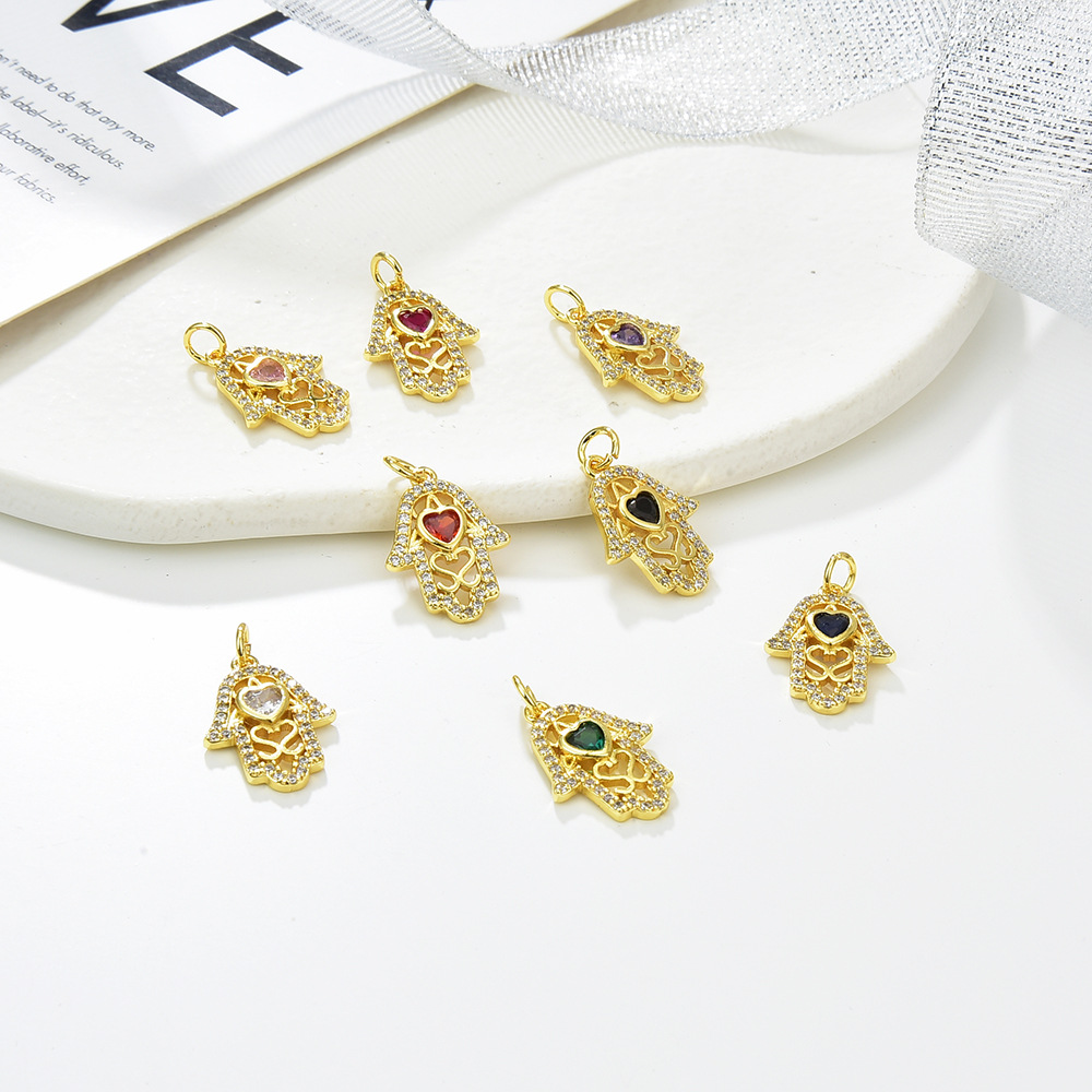 Copper Zircon Hamsa Hand Pendant Necklace Fatima Hand Heart Shape Colorful Stone Vintage Style For Women