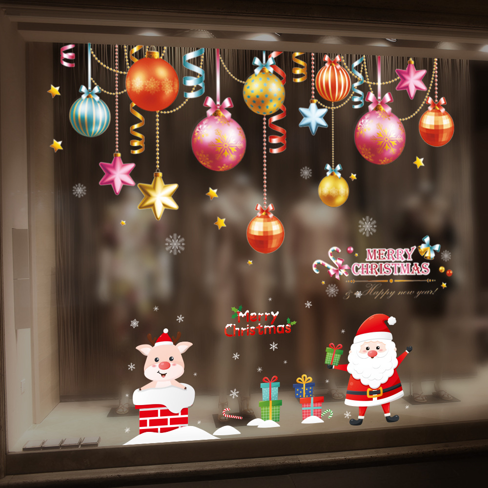 Merry Christmas Colorful Ball Window Stickers Waterproof PVC Self-Adhesive Wall Decals for Glass Showcase Store Home Festive Decoration