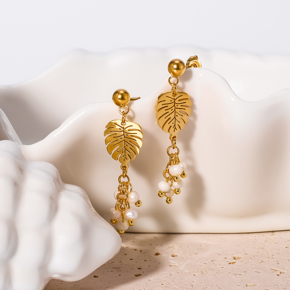 Nature Inspired Leaf Pearl Dangle Earrings 18K Gold Plated Stainless Steel Elegant Jewelry For Women