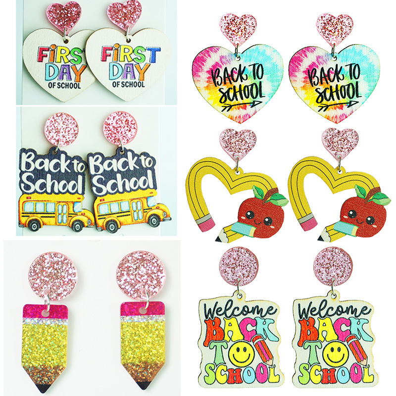 Back To School Earrings Glitter Acrylic Wood Pencil Apple Heart School Bus Dangle Earrings For Teachers Students Girls First Day Of School Jewelry Gift
