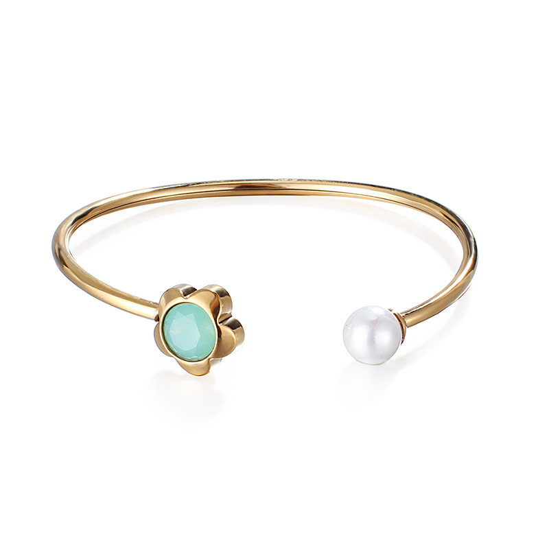 Elegant 316L Stainless Steel Open Bangle With Green Flower Crystal And White Shell Pearl Korean Style Adjustable Gold Rose Gold Silver Bracelets For Women Jewelry Gift