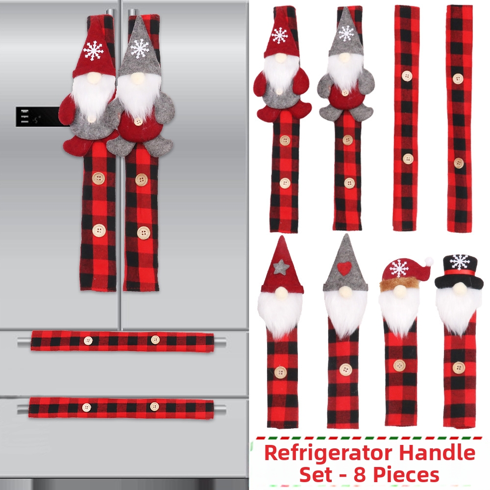 Christmas Refrigerator Handle Covers Red Black Plaid Polyester Fabric Plush Gnome Decor For Kitchen Appliance Handle Protector Set