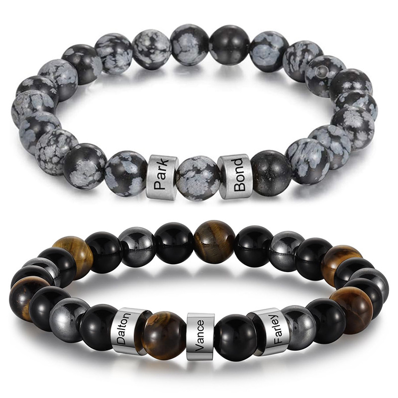 Personalized Custom Name Engraved Natural Tiger Eye Obsidian Stone Beaded Bracelet Stainless Steel Spacers Men Women Jewelry Birthday Anniversary Gift