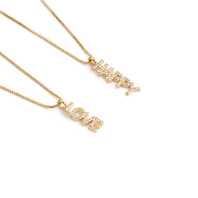 Trendy Gold Plated Copper Cubic Zirconia Letter Pendant Necklace For Women HAPPY LOVE Alphabet Box Chain Necklace Jewelry For Wedding Party Valentine's Day Gift