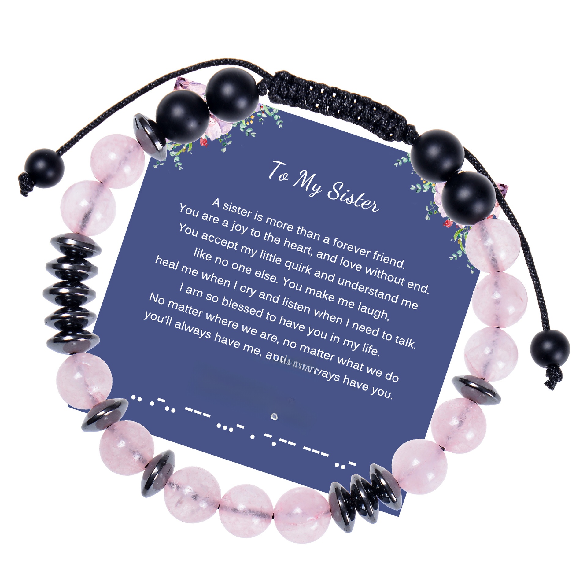 2023to My Sister Morse Code Bracelet 8mm Pink Crystal Black Magnet Card Bracelet