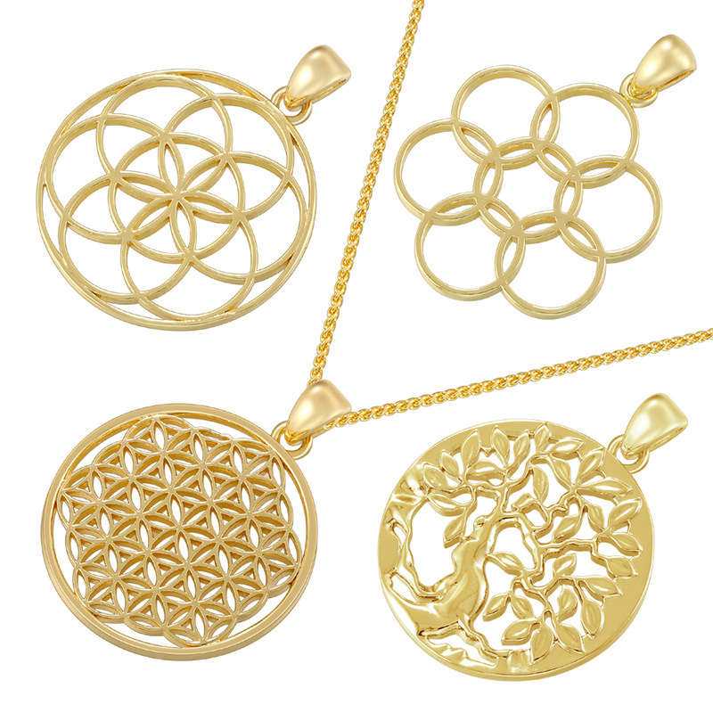 Vintage Sacred Geometry Pendant Necklace For Women Hollow Round Flower Of Life Tree Of Life Copper Plated Jewelry