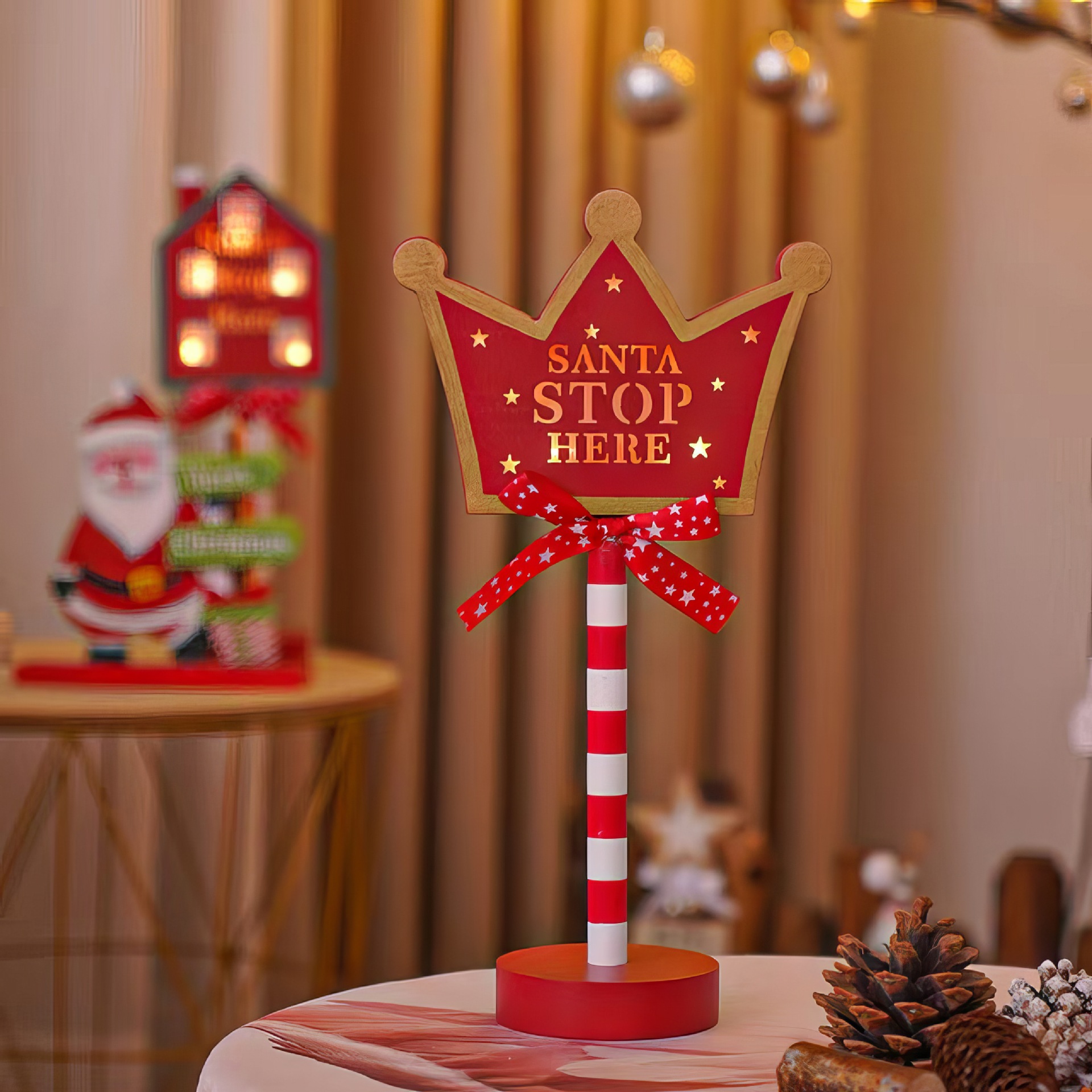 LED Christmas Desktop Signage Light Wooden Santa Stop Here North Pole Decorative Lamp Warm Yellow Light For Home Shop Holiday Party Decor