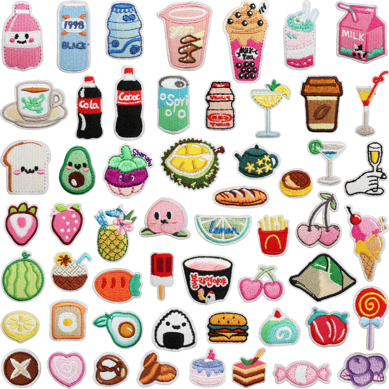 DIY Cartoon Food Drink Embroidery Patches For Clothing Backpack Decoration Polyester Thread Iron On Repair Applique Sticker