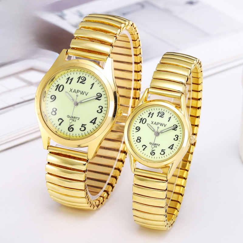 Casual Luminous Quartz Watch with Stainless Steel Elastic Band Large Easy Read Arabic Numerals Retro Couple Wristwatch for Elderly Men Women