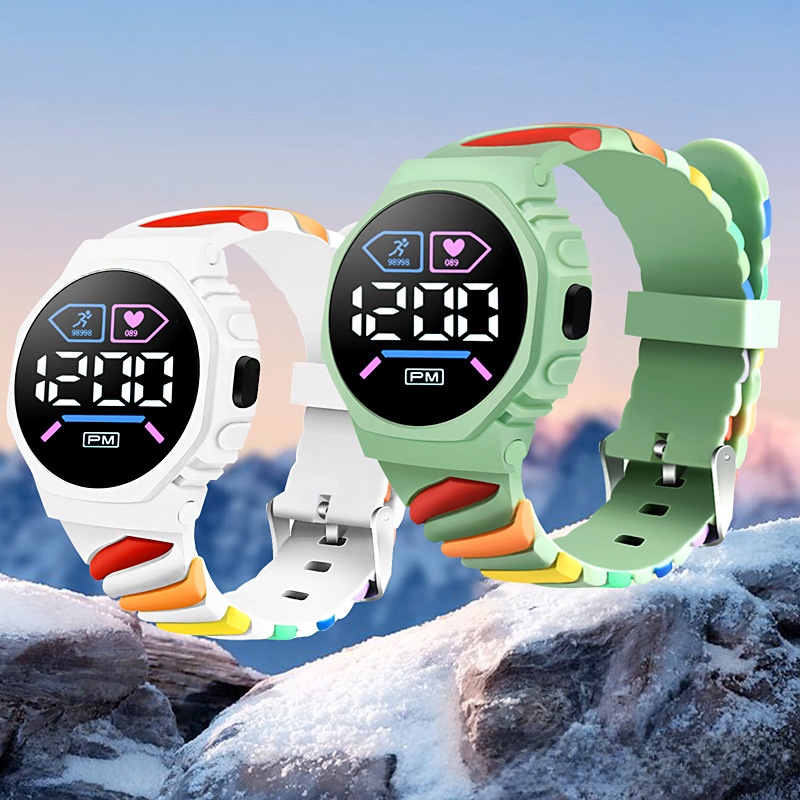 LED Digital Sports Watch With Rainbow Silicone Strap Electronic Step Counter Heart Rate Display Round Plastic Case Wristwatch For Kids Students Teens