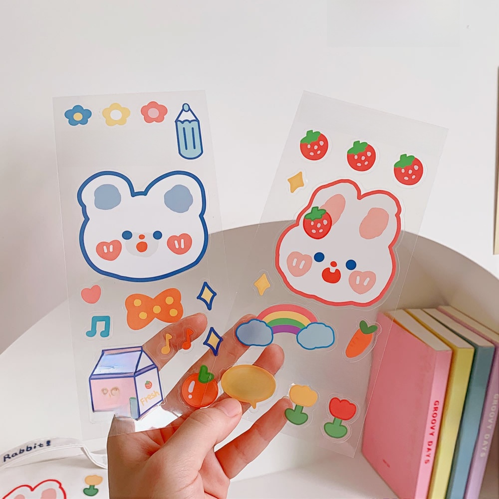 Cute Cartoon Bear Rabbit Waterproof PVC Stickers For DIY Hand Account Scrapbooking Journal Cup Decoration Girls Stationery