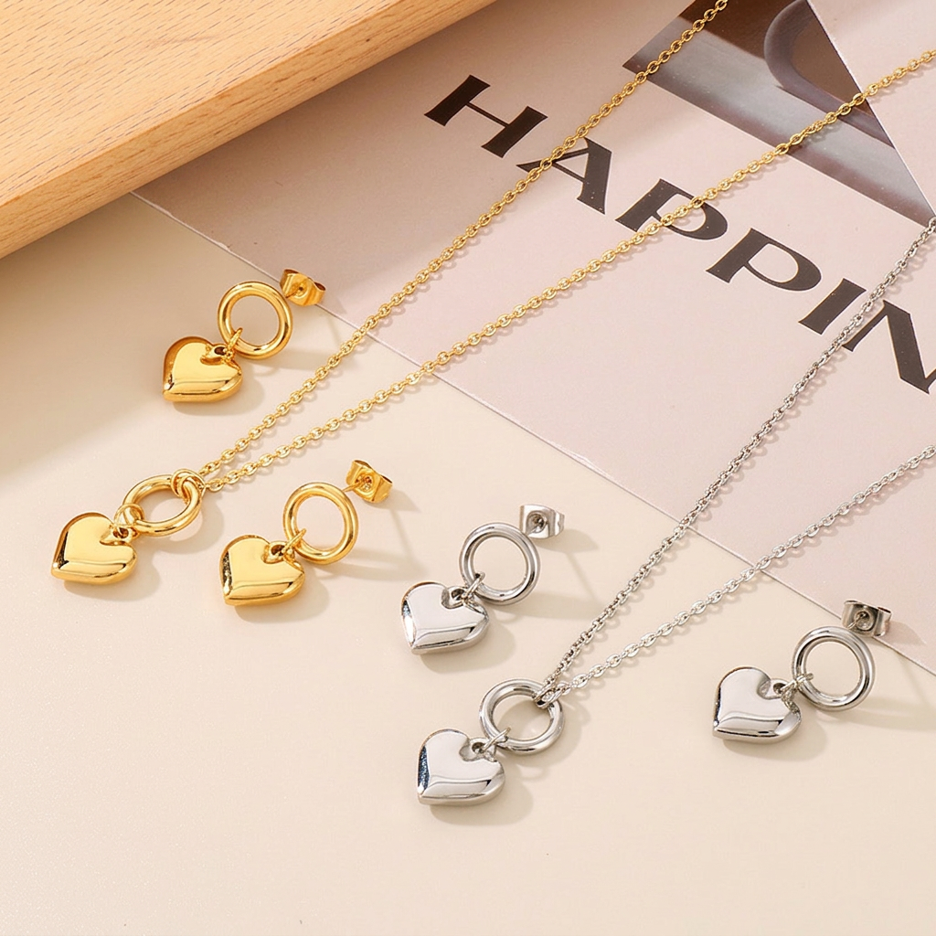 Women Stainless Steel Necklace And Earrings Heart Pendant Puffy Love Fashion Jewelry Polished Gold Silver Tone