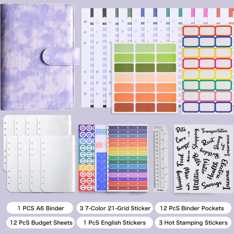 A6 Budget Binder Macaron PU Leather Crocodile Texture Notebook Planner With 12 Budget Sheets 8 Zipper Pockets For Cash Savings Organization Office School Stationery