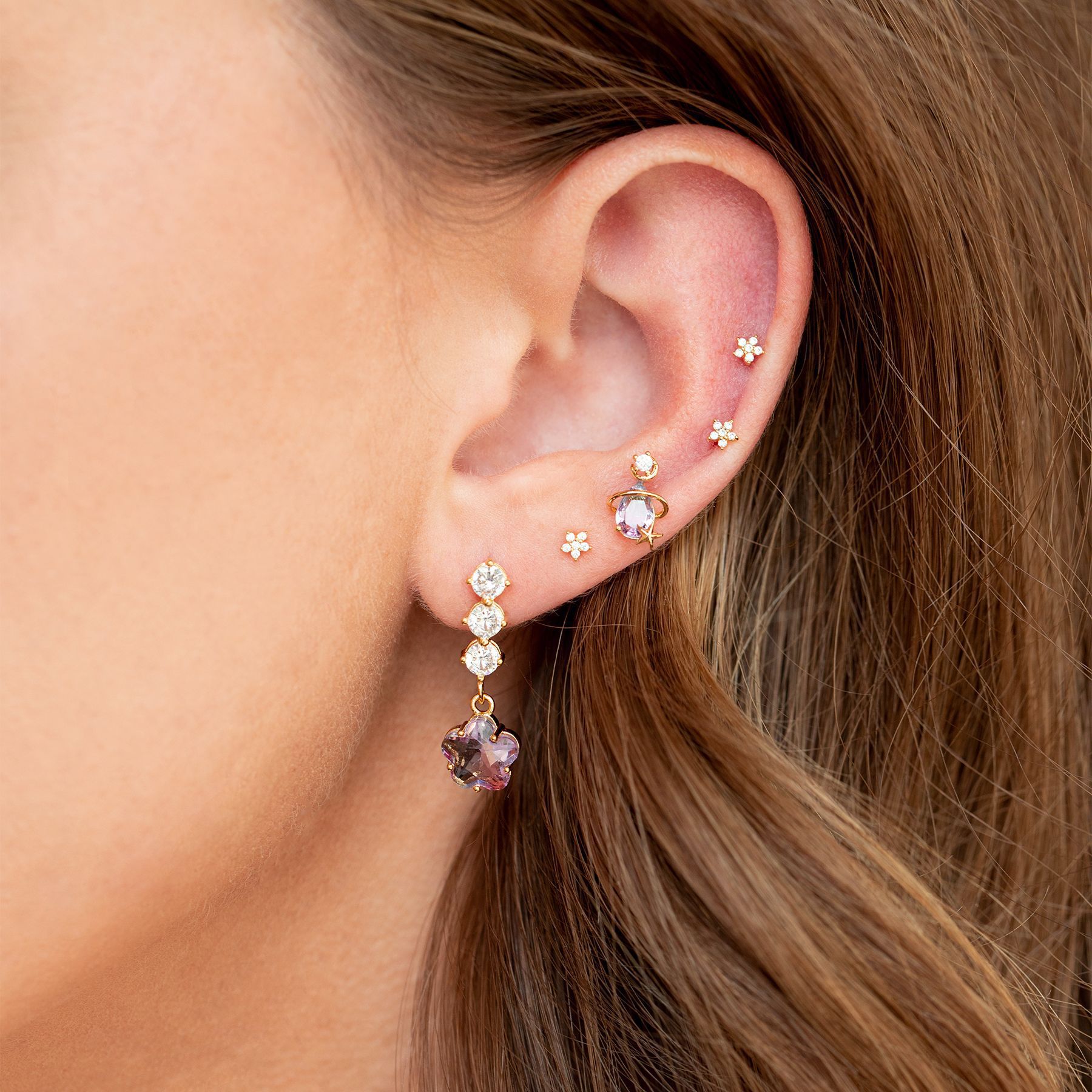 Brass Zircon Stud Hoop Earrings Romantic Sweet Star Moon Heart Planet Candy Ice Cream For Women Girls Daily Accessory