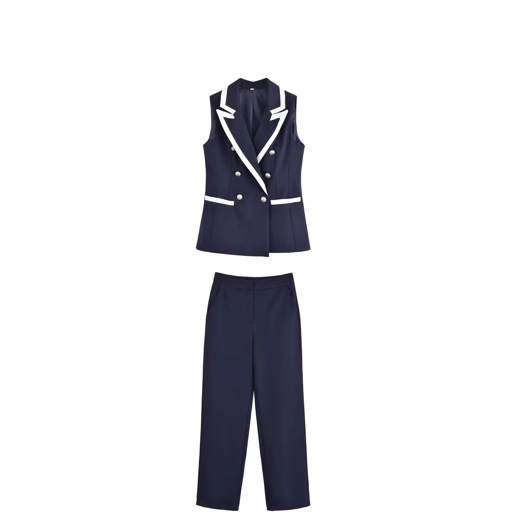 Women's Sleeveless Double Breasted Vest And Straight Leg Pants Two Piece Set Navy Blue Contrast Trim Suit For Office Street Wear