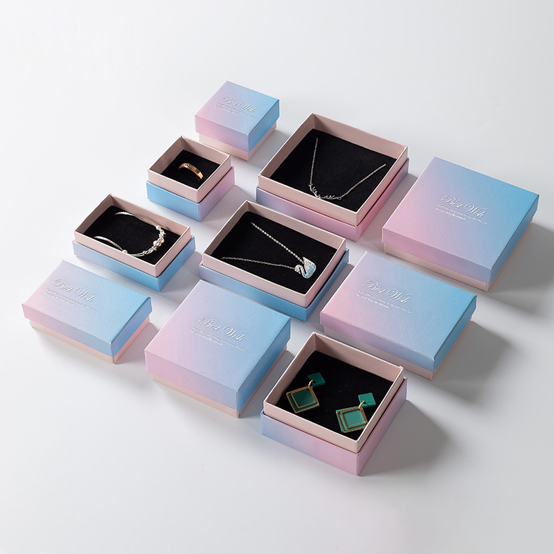 Pink Blue Gradient Pearl Paper Jewelry Gift Box Best Wish Jewelry Storage Case For Rings Earrings Necklace Bracelet Packaging Box With Tote Bag