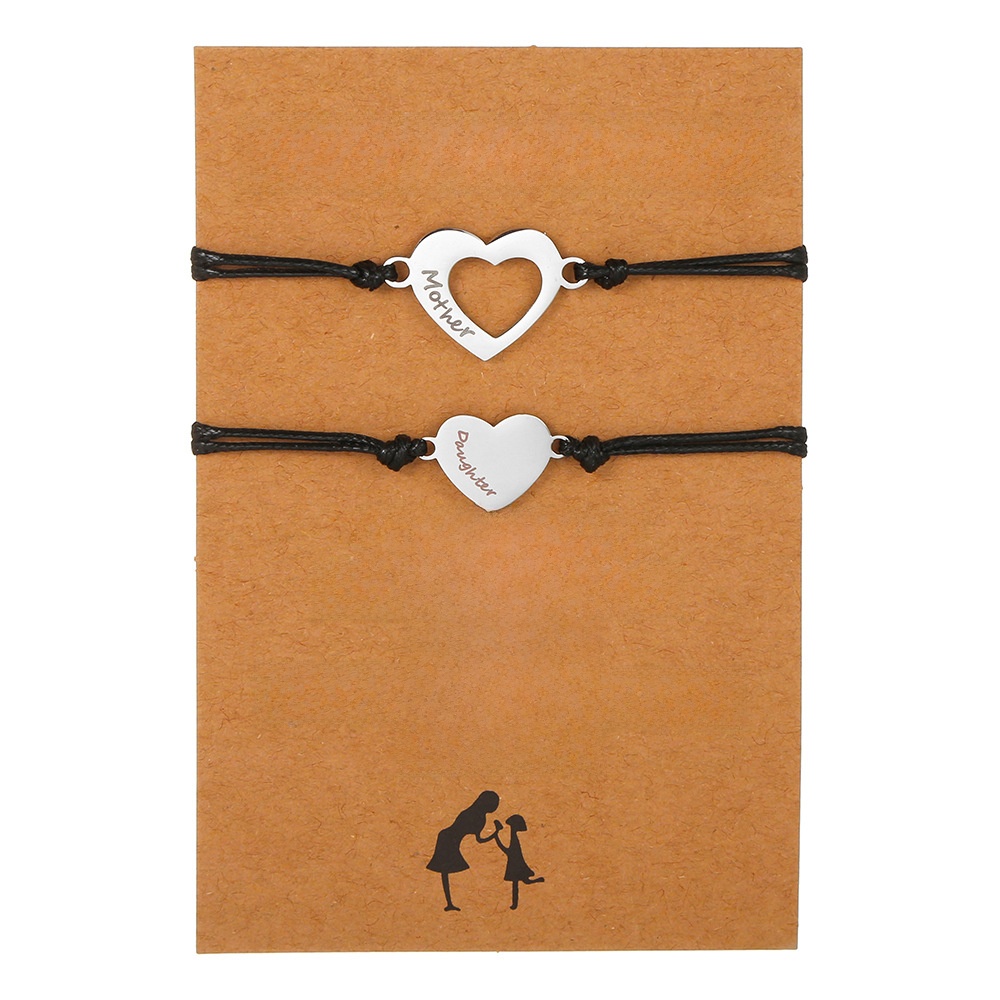 Mother Daughter Heart Bracelet Set Stainless Steel Engraved Adjustable Wax Rope Woven Wish Card Bracelets Mother's Day Gift Jewelry