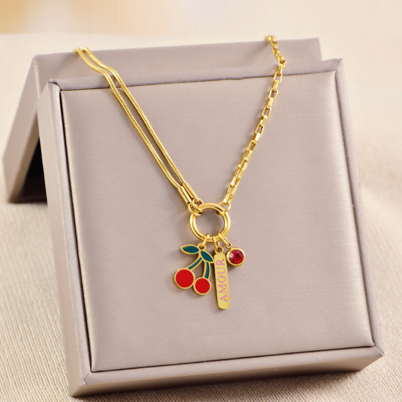Sweet Cherry Pendant Necklace Stainless Steel Gold Plated Red Zirconia AMOUR Letter Tag Asymmetric Chain Necklaces For Women Girls Jewelry Gift