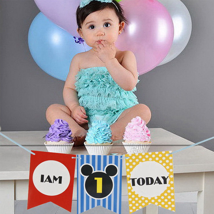 Paper Baby 1st Birthday Party Banner I Am 1 Today High Chair Garland Polka Dots Stripes 100 Days Full Month Celebration Decoration For Baby Boys Girls