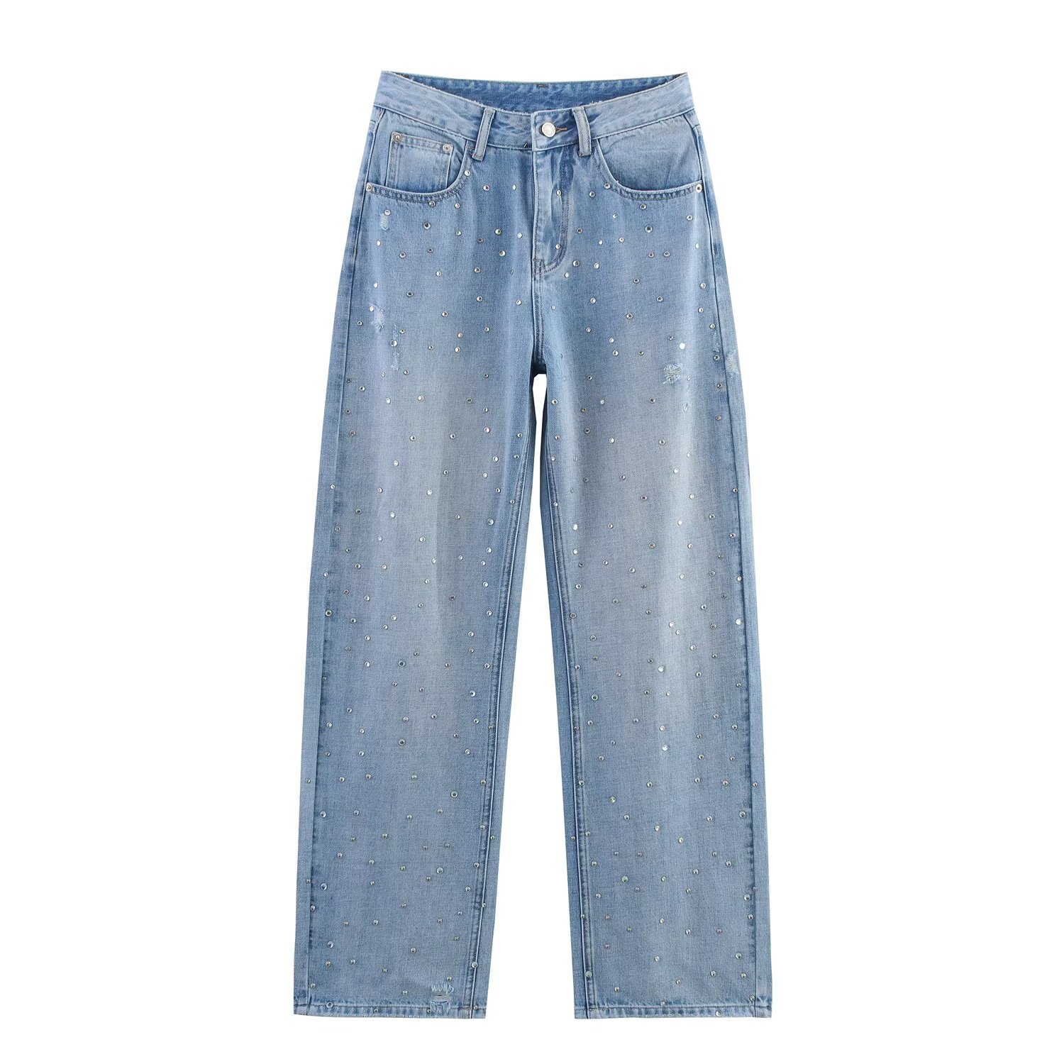 Women's High Waist Rhinestone Studded Straight Leg Jeans Distressed Light Blue Denim Pants Casual Loose Streetwear Trousers