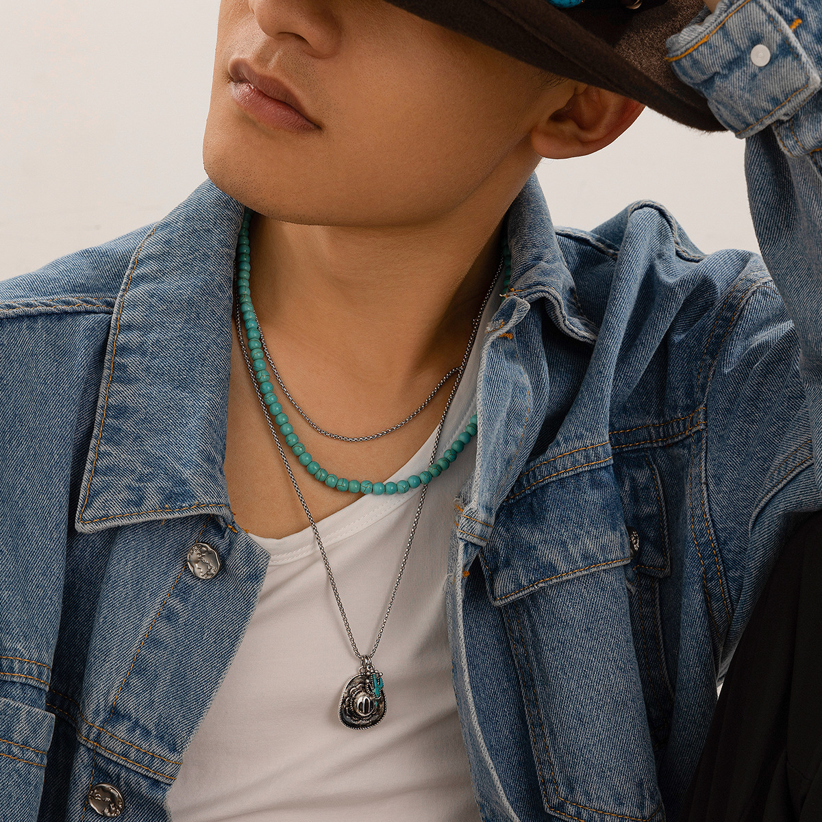 Men's Multi-Layered Turquoise Necklace Set Vintage Alloy Iron Chain With Cowboy Hat Horseshoe Pendant Hip Hop Western Style Jewelry For Men Boys Daily Wear