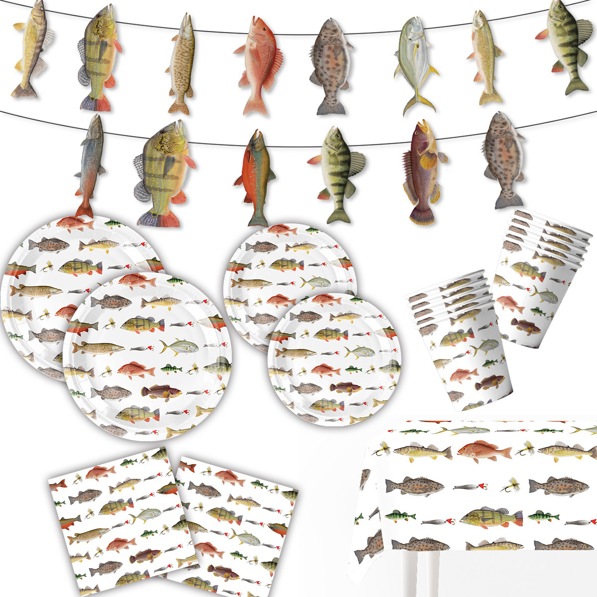 Fishing Theme Party Supplies Set Disposable Tableware Plates Cups Napkins Tablecloth Banner For Birthday Picnic Celebration Fishing Enthusiasts Bass Trout Design Party Decor