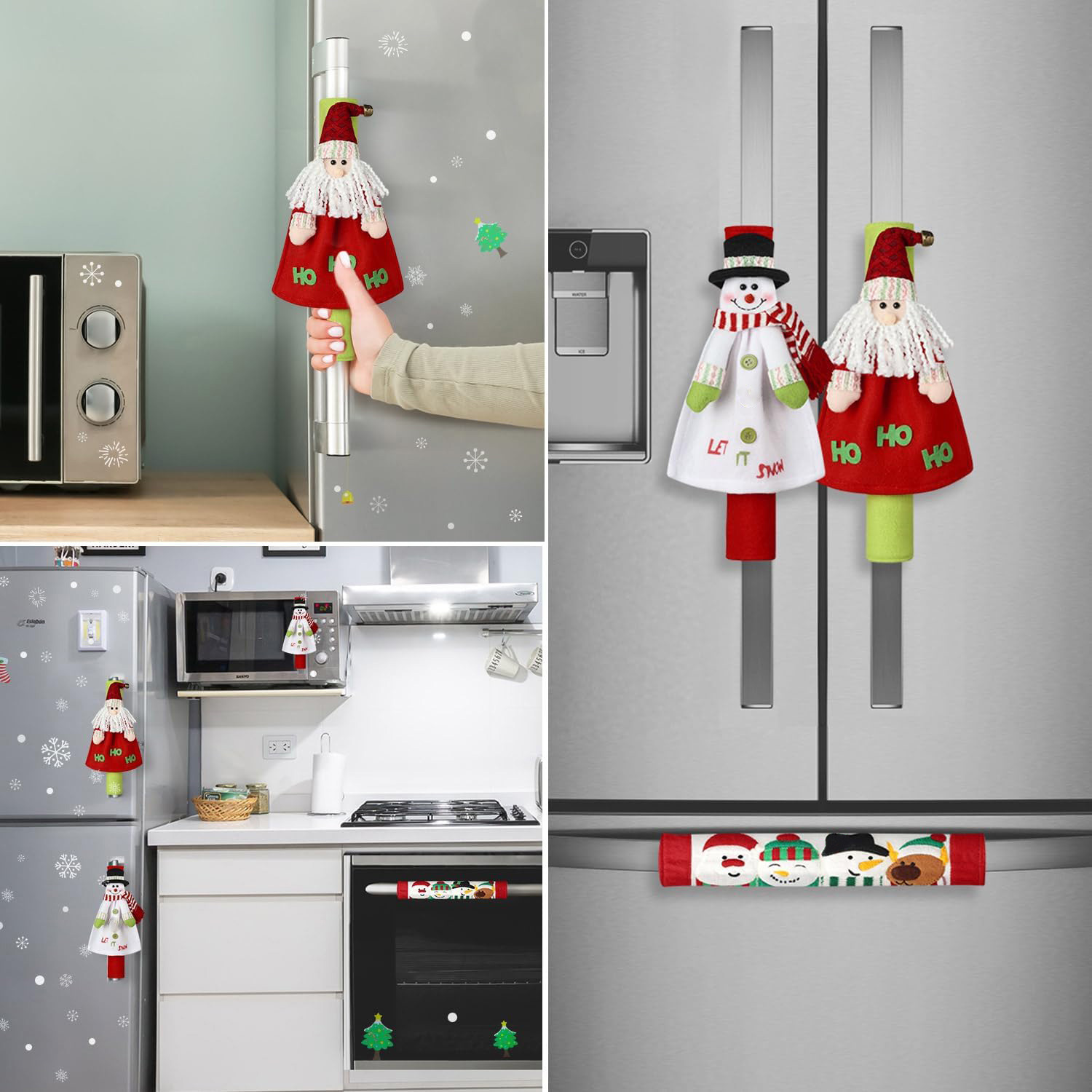 Christmas Refrigerator Handle Covers Fabric Snowman Santa Claus Decor Kitchen Appliance Handle Protector For Oven Microwave Dishwasher Holiday Home Decoration