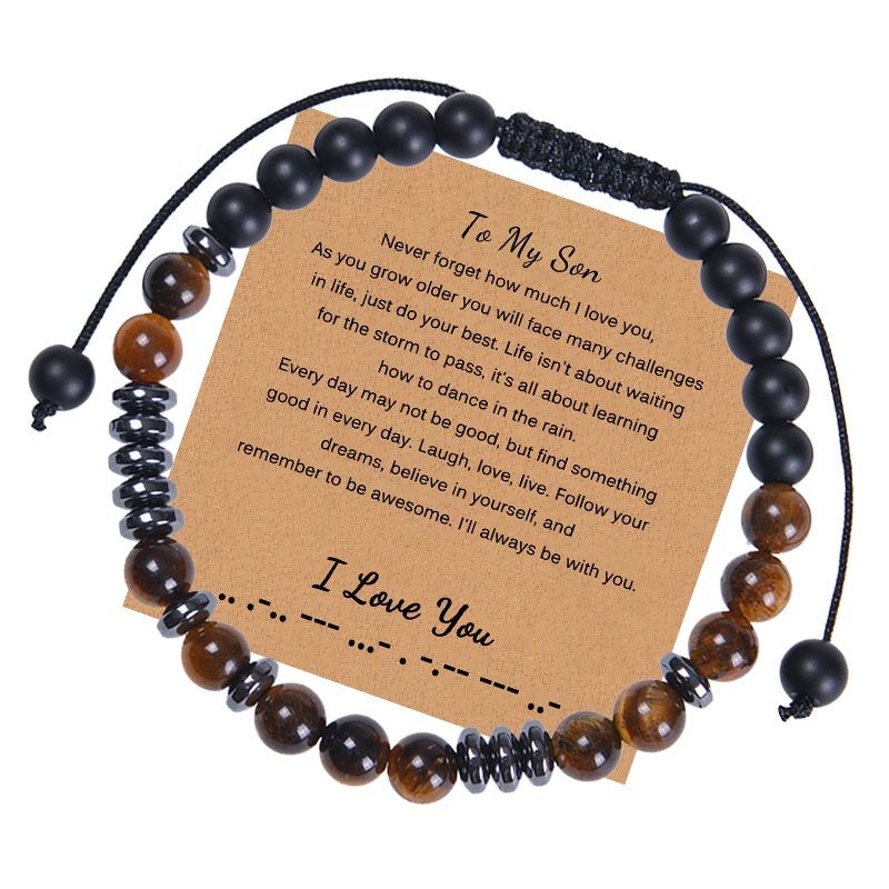 Morse Code Bracelet Natural Tiger Eye Matte Onyx Beaded Adjustable Woven Rope Sentimental Gift For Son Boyfriend Men Jewelry
