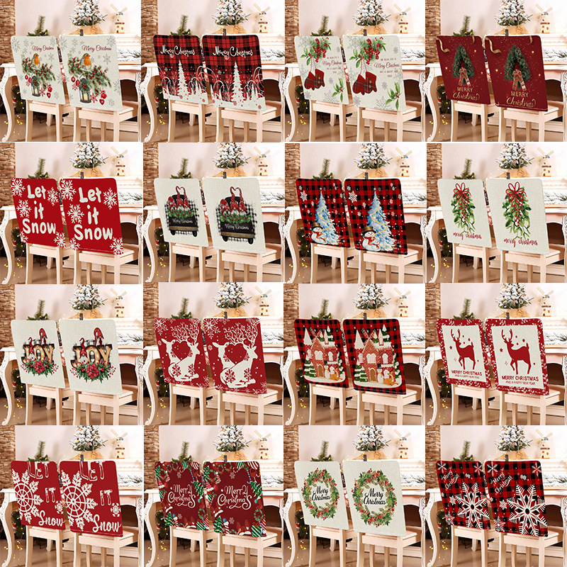Christmas Chair Back Covers Linen Cotton Reindeer Snowflake Tree Printed Dining Chair Slipcovers for Xmas Home Kitchen Party Dinner Decoration