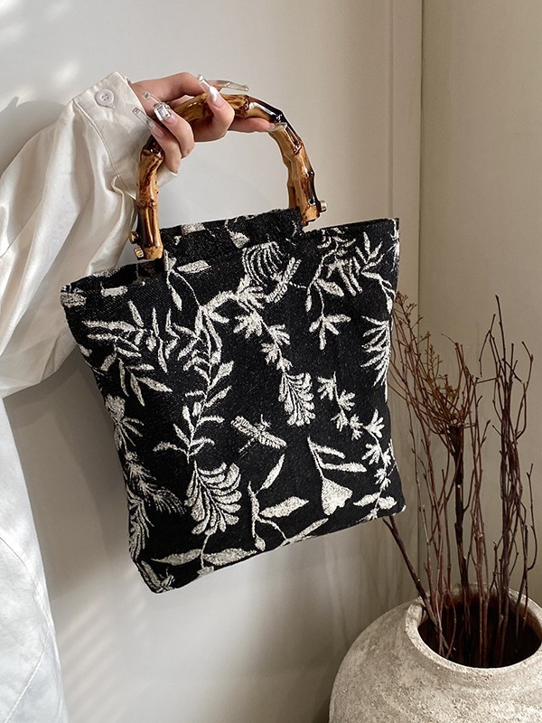 Women Vintage Cotton Linen Handbag With Natural Bamboo Handle Japanese Style Floral Jacquard Tote Bag Retro Eco Friendly Casual Top Handle Bag