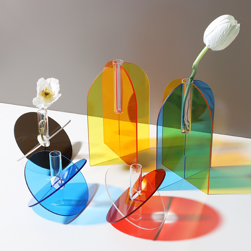 Modern Geometric Acrylic Flower Vase Nordic Minimalist Colorful Ins Style Artistic Hydroponic Vase With Test Tube For Home Office Table Desktop Decor