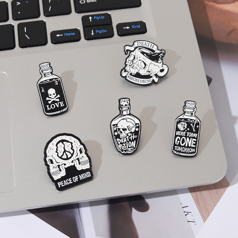 Gothic Punk Skull Enamel Pin Badge Set Alloy Black White Potion Bottle Coffee Cup Death Before Decaf Brooches For Jackets Backpacks Hat Accessories