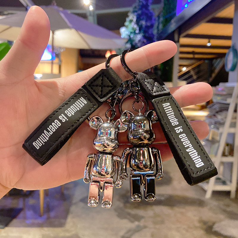 Electroplated Metallic Bearbrick Style Keychain With Attitude Is Everything PU Leather Strap Fashion Bear Bag Pendant Key Ring For Car Keys Backpack Accessory