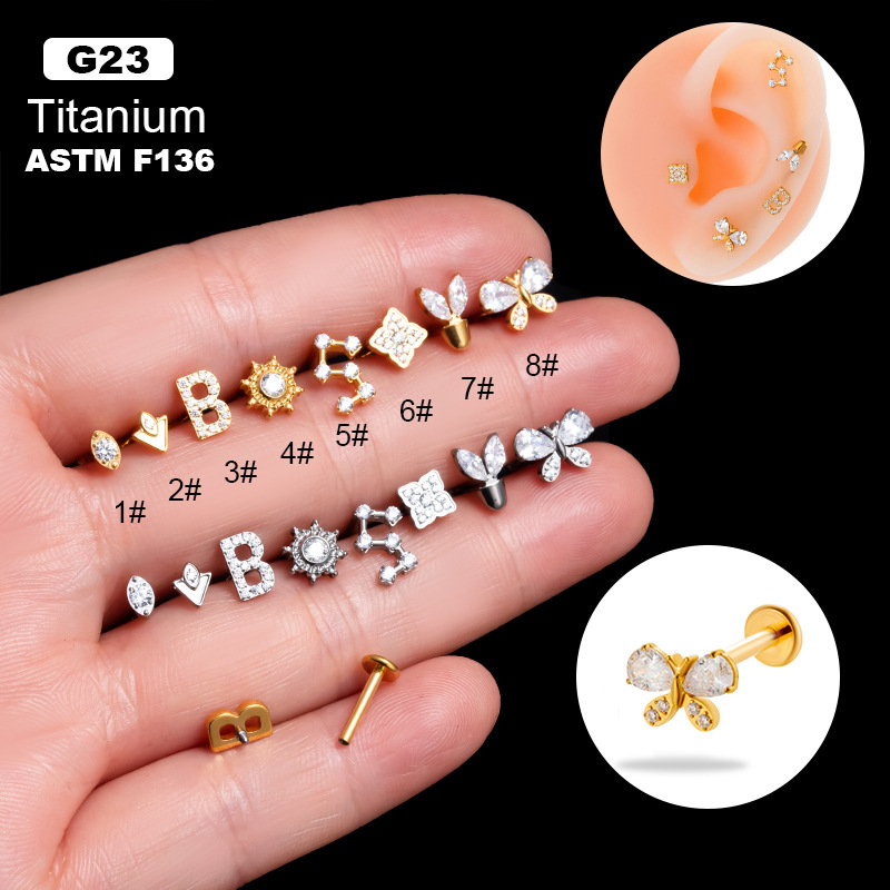 G23 Titanium Zircon Inlaid Butterfly Cartilage Piercing Stud Internal Thread Flat Back Labret Jewelry Women