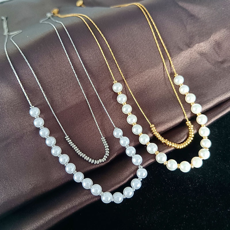 Elegant Double Layer Stainless Steel Pearl Necklace For Women Fashion Beaded Clavicle Chain Jewelry For Daily Wearing Party Gift
